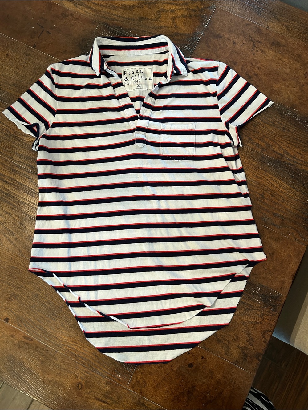 Frank & Eileen Charlotte Perfect Polo Navy Red Stripes Raw Edge Curved Hem Sz L